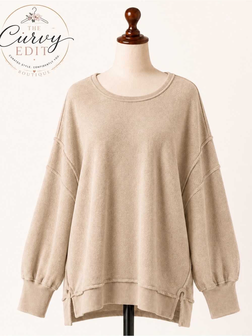 Zenana L/XL Camel Exposed Seam Oversized Super Soft Sweatshirt Pullover Top